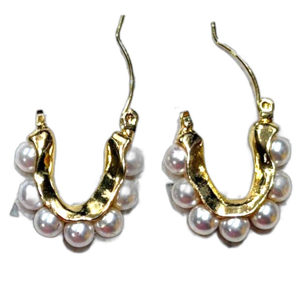 Gold Tone Pearl Hoop Earrings Chunky Crescent Statement Earrings New